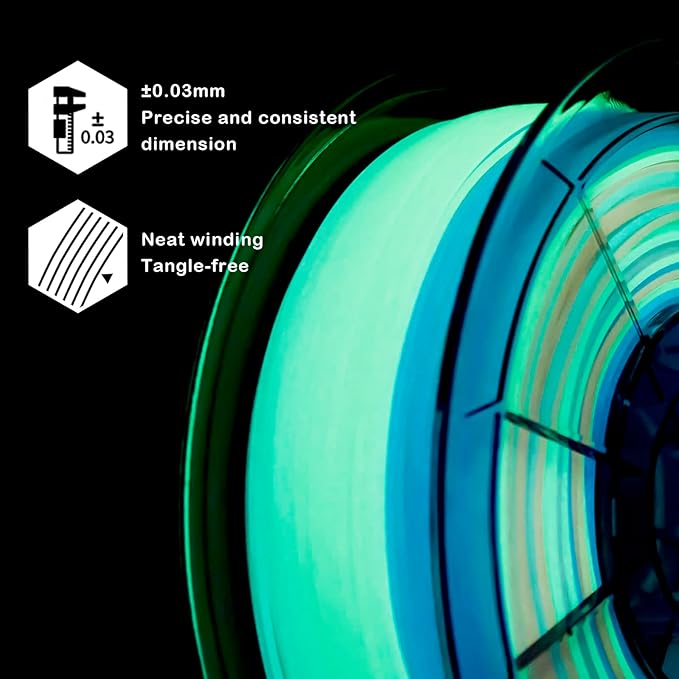 ZIRO Filament PLA Arc-en-ciel à Gradient de Couleurs et à Effet Phosphorescent dans le Noir - 1kg, 1.75mm, GID arc-en-ciel