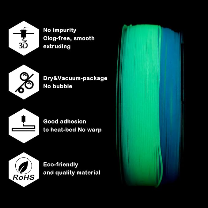ZIRO Filament PLA Arc-en-ciel à Gradient de Couleurs et à Effet Phosphorescent dans le Noir - 1kg, 1.75mm, GID arc-en-ciel